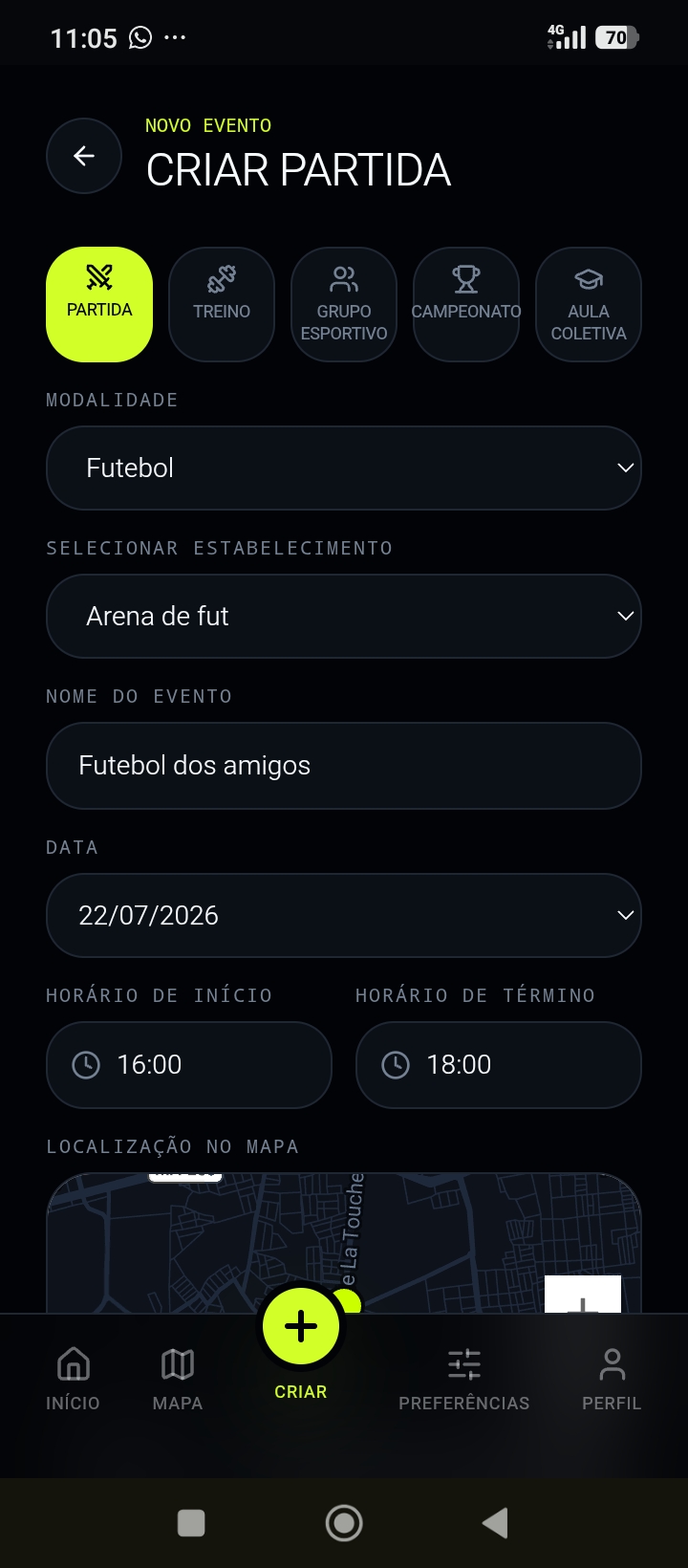 Tela real de criação de evento no aplicativo Hora do Jogo